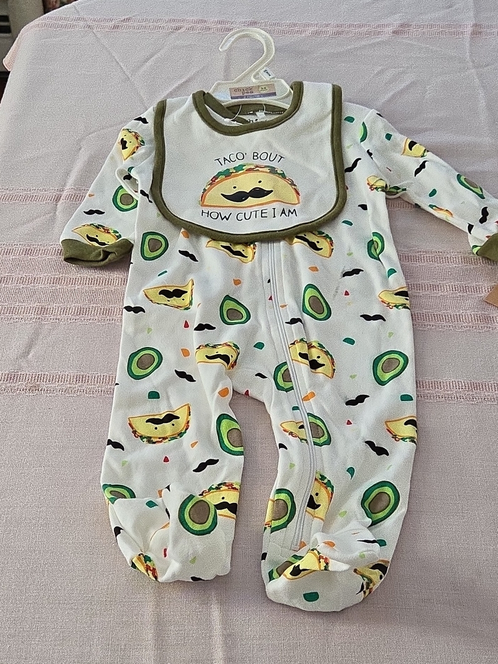chick pea White Footed One-Piece w/Taco & Avocado Print and Bib Size 3-6 Mo BNWT
